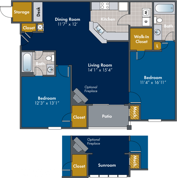 2 bedroom 2 bathroom Floor plan D at Abberly Twin Hickory Apartment Homes, Glen Allen, 23059