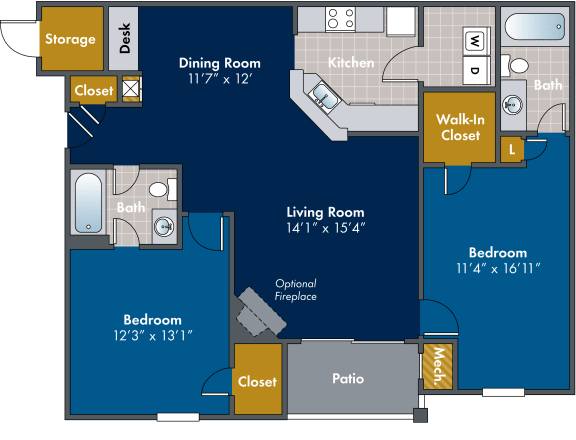 Floor Plan  2 bedroom 2 bathroom Floor plan C at Abberly Twin Hickory Apartment Homes, Glen Allen, 23059