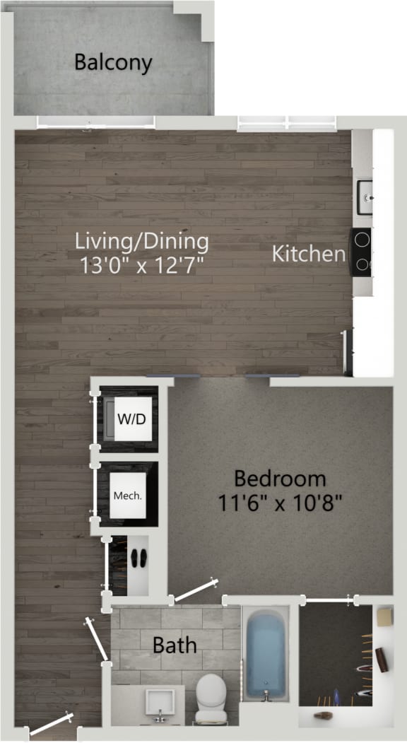Studio 1 bath floor plan A at Abberly Skye Apartment Homes, Decatur, 30033