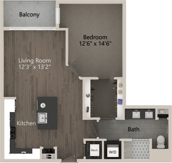 Floor Plan  1 bed 1 bath plan C at Abberly Skye Apartment Homes, Decatur, GA, 30033
