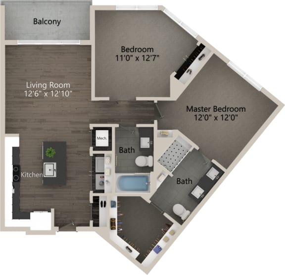 Floor Plan  2 bed 2 bath plan C at Abberly Skye Apartment Homes, Decatur, 30033