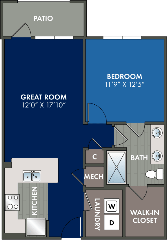 Floor Plan  1 bedroom 1 bathroom floor plan A at Abberly Liberty Crossing Apartment Homes, Charlotte, North Carolina