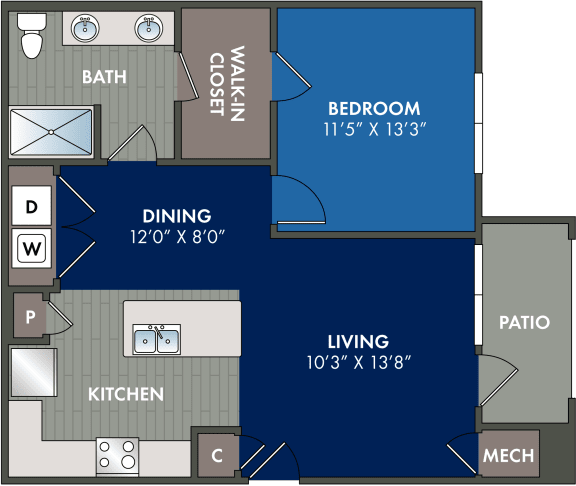 1 bedroom 1 bathroom floor plan B at Abberly Liberty Crossing Apartment Homes, Charlotte