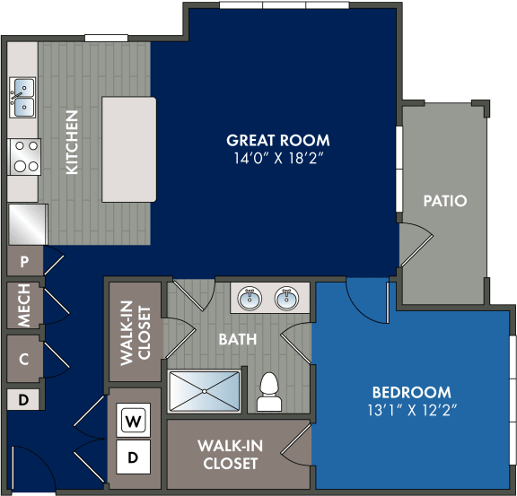Floor Plan  1 bedroom 1 bathroom floor plan F at Abberly Liberty Crossing Apartment Homes, Charlotte, NC