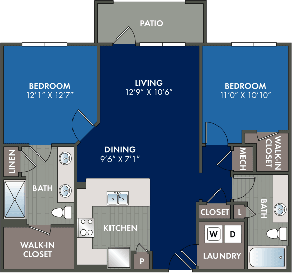 Floor Plan  2 bedroom 2 bathroom floor plan A at Abberly Liberty Crossing Apartment Homes, Charlotte, North Carolina