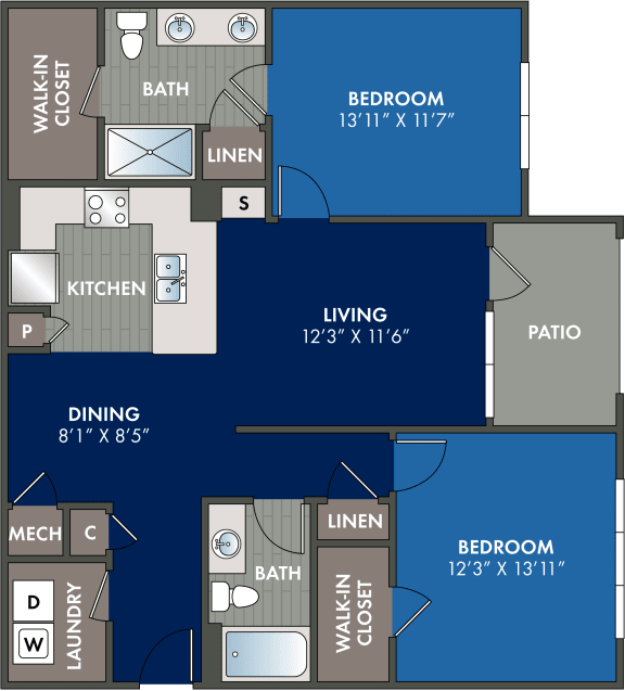 2 bedroom 2 bathroom floor plan Bat Abberly Liberty Crossing Apartment Homes, Charlotte
