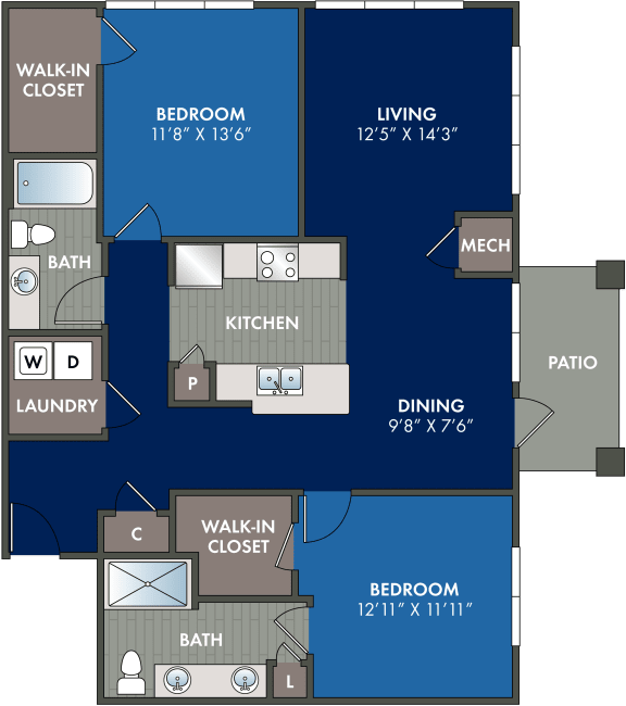 Floor Plan  2 bedroom 2 bathroom floor plan E at Abberly Liberty Crossing Apartment Homes, North Carolina
