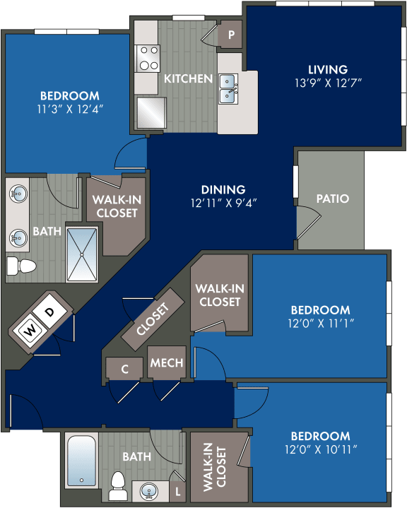 Floor Plan  3 bedroom 2 bathroom floor plan at Abberly Liberty Crossing Apartment Homes, Charlotte, NC, 28269