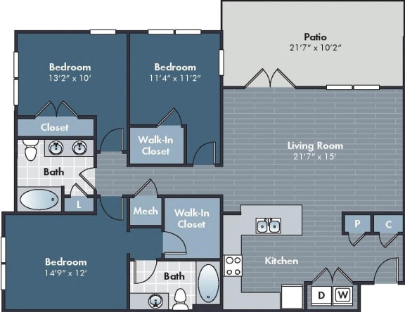 3 bedroom 2 bathroom Millie Floorplan at Abberly Market Point Apartment Homes by HHHunt, Greenville, SC