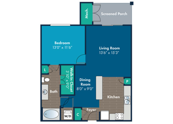 1 bedroom 1 bathroom Pearson Floor Plan 1 bedroom 1 bathroom Pearson Floor Plan at Abberly Crest Apartment Homes by HHHunt, Lexington Park, Maryland
