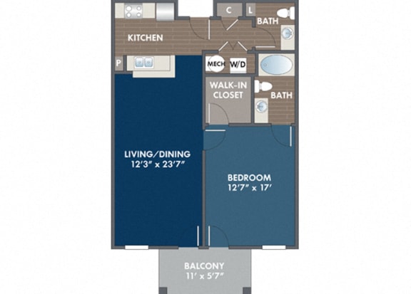 Markham 1 Bedroom 1.5 Bath Floor Plan at Abberly Avera Apartment Homes by HHHunt, Manassas, Virginia