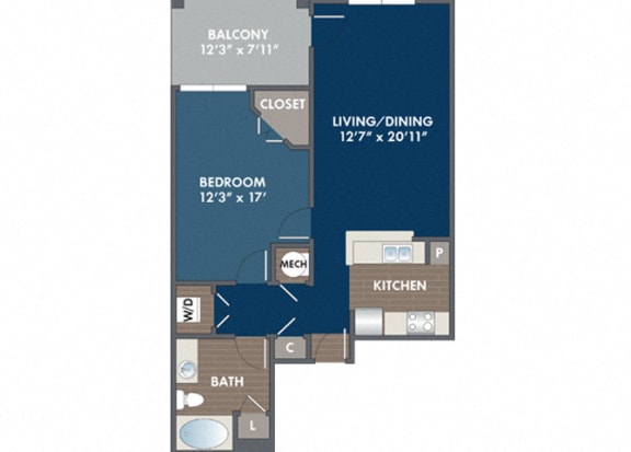 Piedmont 1 Bedroom 1 Bath Floor Plan at Abberly Avera Apartment Homes by HHHunt, Virginia