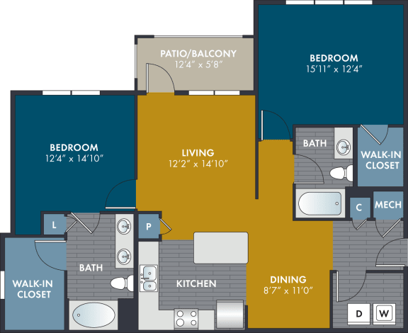 2 bedroom 2 bathroom 1109 Square-Foot Satin Floorplan at Abberly Solaire Apartment Homes by HHHunt, North Carolina, 27529