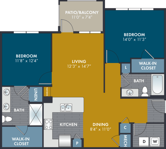 2 bedroom 2 bathroom 1117 Square-Foot Silk Floorplan at Abberly Solaire Apartment Homes by HHHunt, Garner, NC, 27529