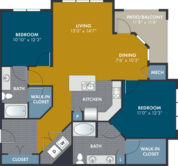 2 bedroom 2 bathroom 1153 Square-Foot Suede Floorplan at Abberly Solaire Apartment Homes by HHHunt, Garner, NC