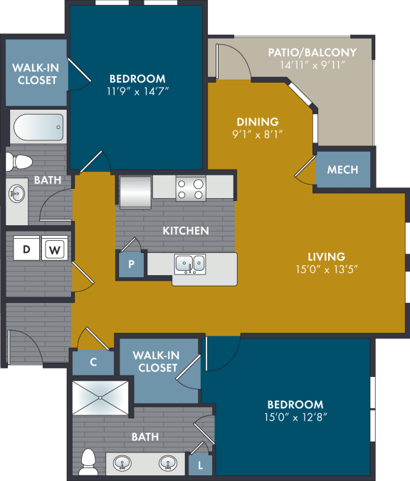 Floor Plan  2 bedroom 2 bathroom 1179 Square-Foot Taffeta Floorplan at Abberly Solaire Apartment Homes by HHHunt, Garner, 27529