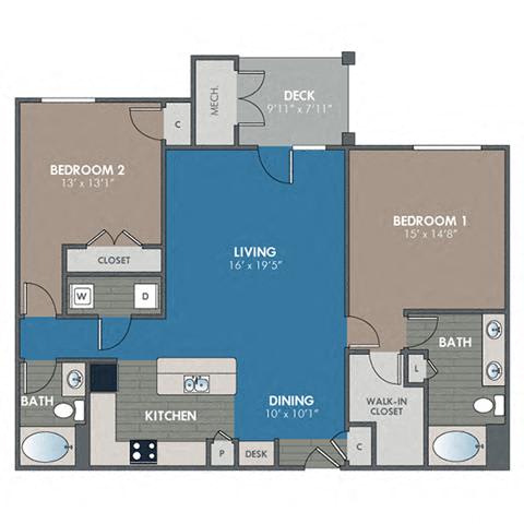 Floor Plan  Quartz 2 Bedroom 2 Bath Floor Plan at Abberly Waterstone Apartment Homes by HHHunt, Virginia, 22554