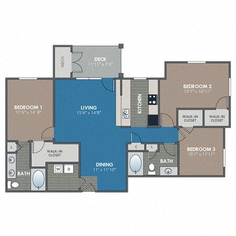 Topaz 3 Bedroom 2 Bath Floor Plan at Abberly Waterstone Apartment Homes by HHHunt, Stafford, VA