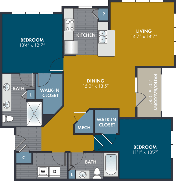 2 bedroom 2 bathroom 1221 Square-Foot Velvet Floorplan at Abberly Solaire Apartment Homes by HHHunt, Garner, North Carolina