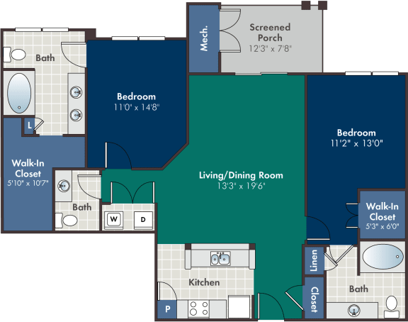 Floor Plan  2 bedroom 2.5 bathroom Vyner Floorplan at Abberly at West Ashley Apartment Homes by HHHunt, South Carolina