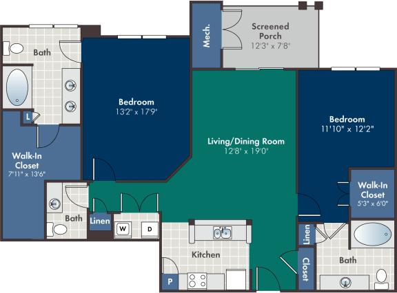 Floor Plan  2 bedroom 2.5 bathroom Wynwood Floorplan at Abberly at West Ashley Apartment Homes by HHHunt, South Carolina, 29414