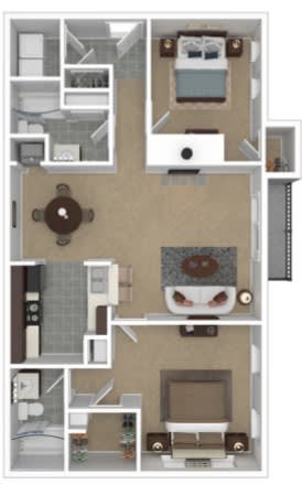 Floor Plan  2bed 2bath Floor Plan with 1036 Sq. Ft. at The District, Memphis, TN, 38115