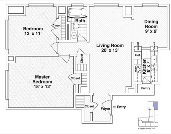 Congress b16 Floor Plan with 900 Sq. Ft. at 275 on the Park, St. Louis, Missouri