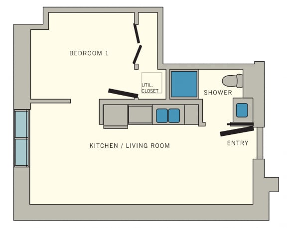 D - Studio Floor Plan  at Aviator at Brooks Apartments, Clear Property Management, Texas, 78235