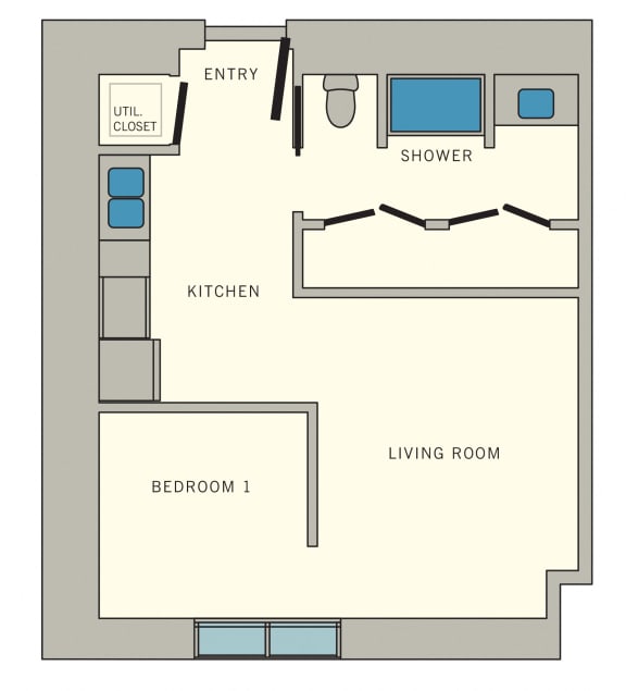 Floor Plan  D1 - Studio Floor Plan  at Aviator at Brooks Apartments, Clear Property Management, San Antonio, 78235