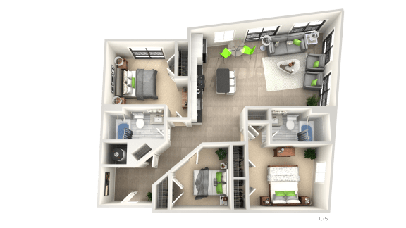 Three Bedroom Floor Plan at Apex Apartments, Arlington, Virginia