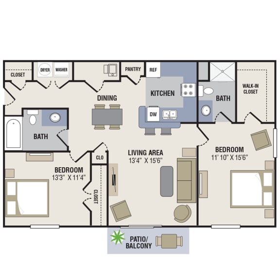  Floor Plan 2 Bedroom, 2 Bathroom - 1102 SF