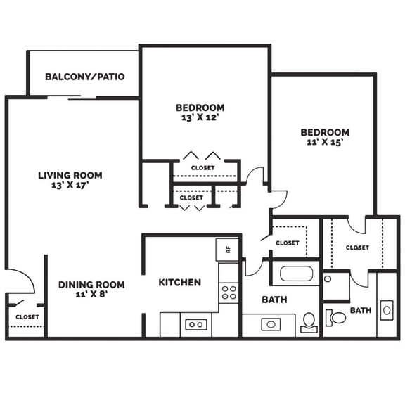  Floor Plan 2 Bedroom, 2 Bathroom - 1,145 SF