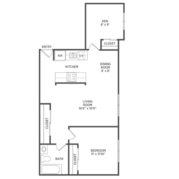 Floor Plan  1 Bedroom with a den apartment floor plan in East Lansing, MI near Michigan State University | Woodbrook Village Apartments
