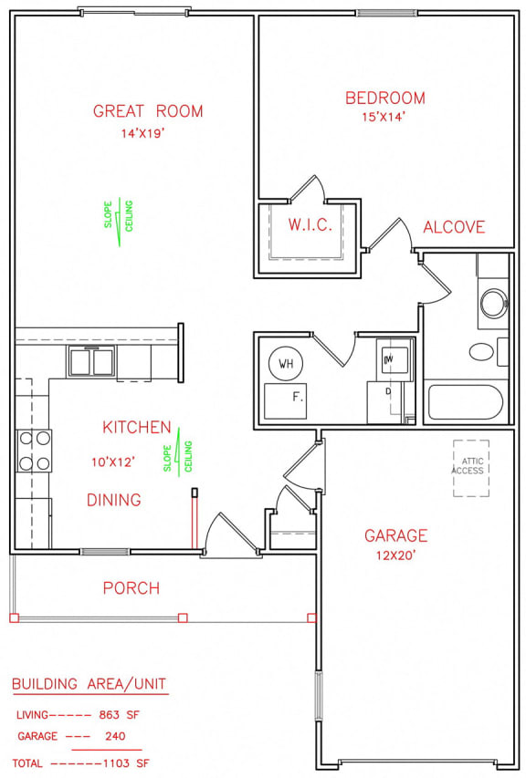 Aspen  1 bedroom 1 bathroom 863 Sq.Ft. floor plan A at Hawthorne Properties, Indiana, 47905