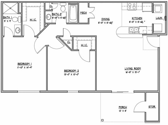 Floor Plan  Cypress 2 bedroom 2 bathroom 1,079 Sq.Ft. Floor Plan at Hawthorne Properties, Lafayette