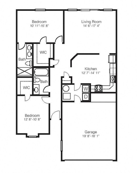 Floor Plan  Sycamore Duplex 2 bedroom 2 bathroom 1,150 Sq.Ft. A floor plan at Hawthorne Properties, Lafayette, Indiana
