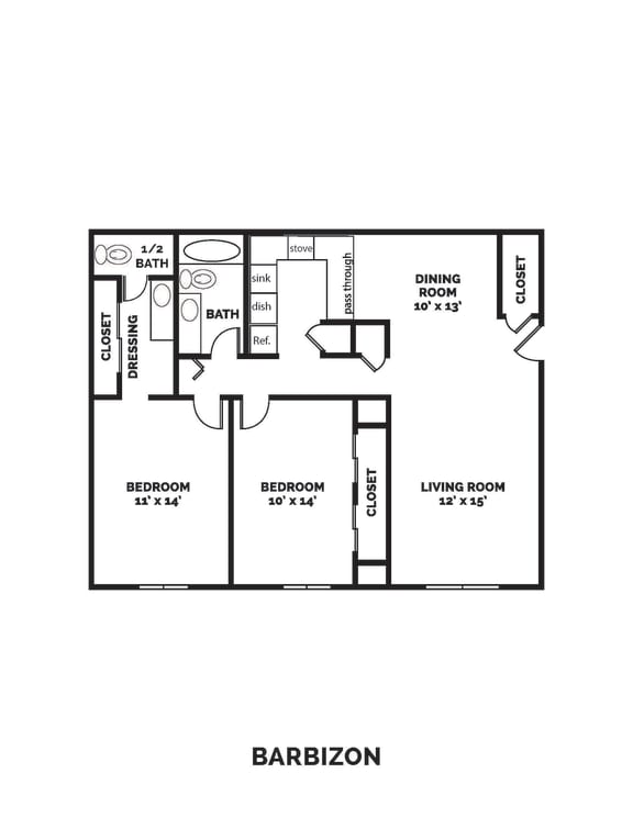 2 bedroom 1.5 bathroom 1025 Square-Foot BARBIZON Floor Plan at Castle Point Apartments, Indiana