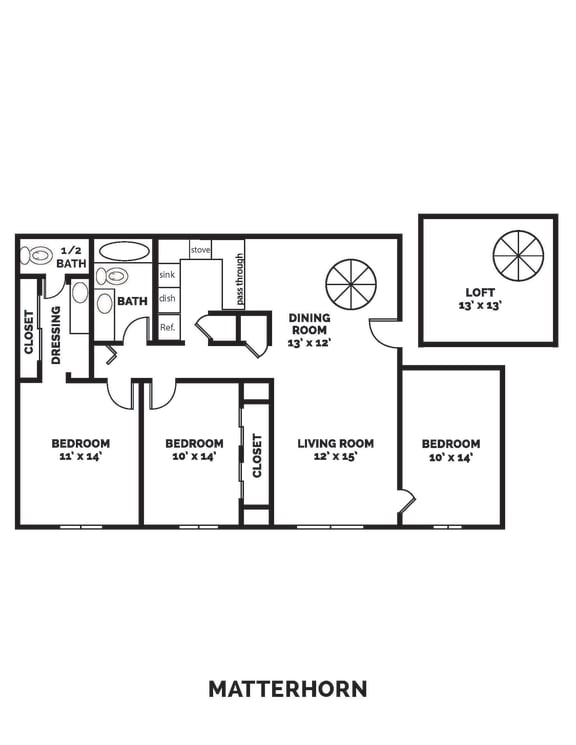 Floor Plan  3 bedroom 1.5 bathroom 1340 Square-Foot Matterhorn Floor Plan at Castle Point Apartments, South Bend, 46637