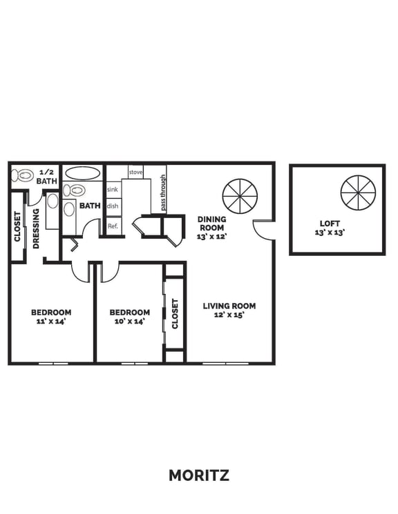 2 bedroom 1.5 bathroom 1190 Square-Foot MORITZ with Loft Floor Plan at Castle Point Apartments, South Bend, IN, 46637