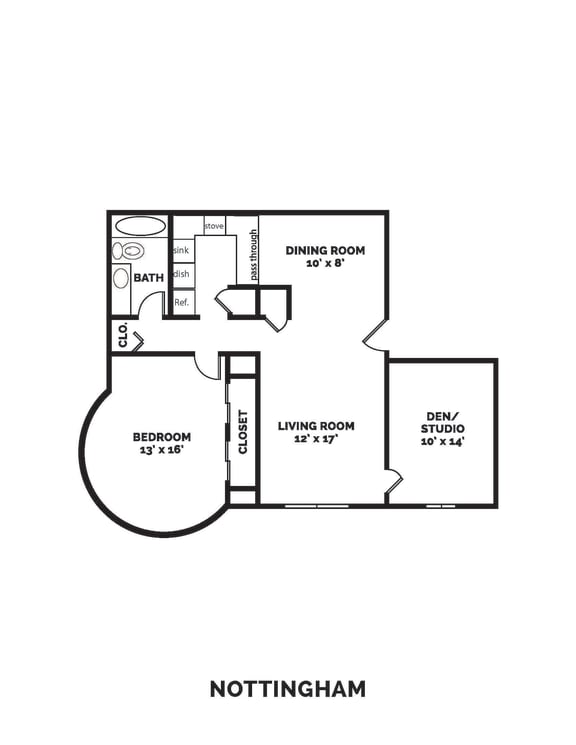 2 bedroom 1 bathroom 908 Square-Foot NOTTINGHAM Floor Plan at Castle Point Apartments, South Bend