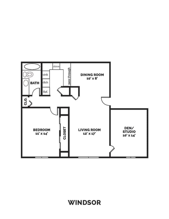 1 bedroom 1 bathroom 887 Square-Foot WINDSOR with Den Floor Plan at Castle Point Apartments, South Bend, Indiana