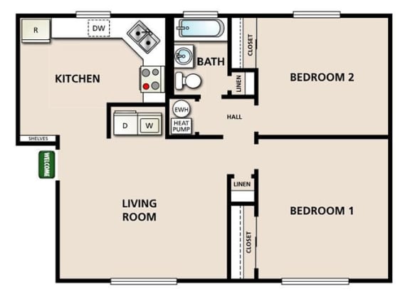 2 Bed 1 Bath Floor Plan at Park 35 Apartment Homes, Decatur, GA, 30032