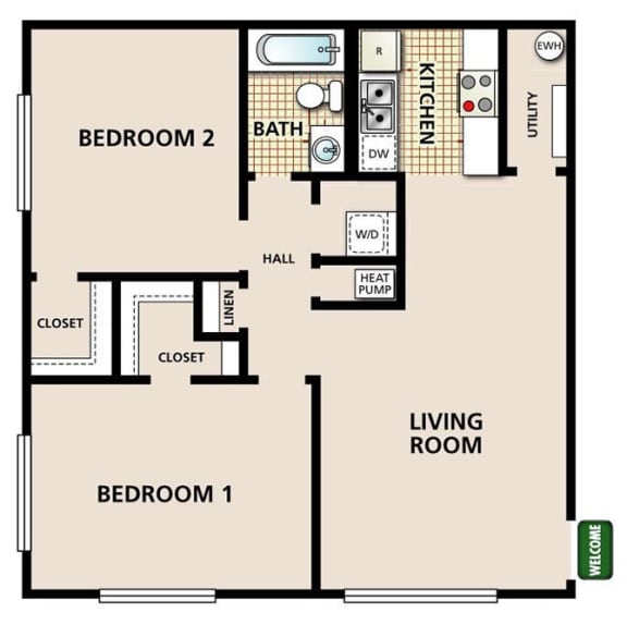 2 Bedroom 1 Bath Floor Plan at Park 35 Apartment Homes, Decatur, 30032