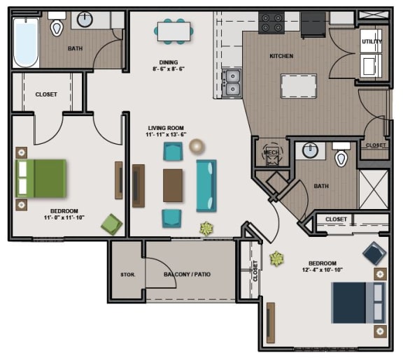 Floor Plan  B1 (1071sqft) 2 Bedroom/2 Bathrooms