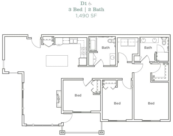 Floor Plan  Portera at the Grove_Wilsonville OR_Floor Plan D1_Three Bedroom Two Bathroom