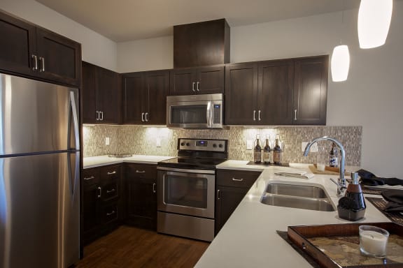 Wood cabinetry with under cabinet lighting