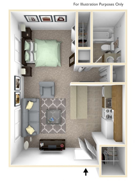 0-Bed/1-Bath, Allium Floor Plan at Timberbrook Apartments, Peoria, IL