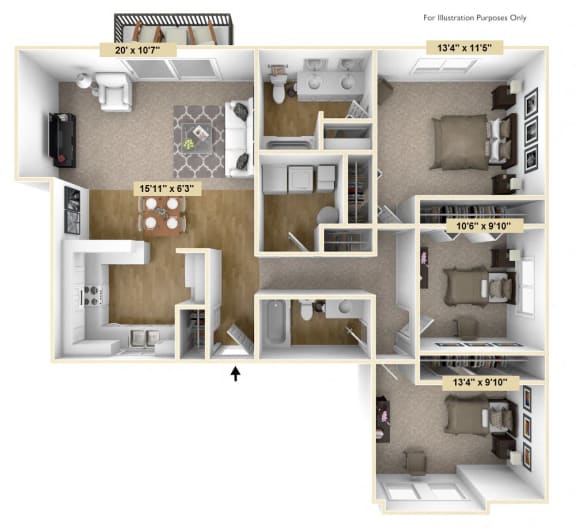 Three Bedroom Birchwood Deluxe Floor Plan Three Bedroom Birchwood Deluxe Floor Plan at Tanglewood Apartments, Oak Creek