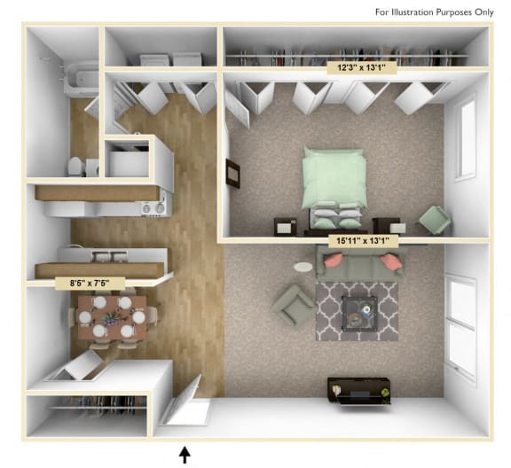 Buckingham One Bedroom Floor Plan at Windsor Place, Michigan, 48423
