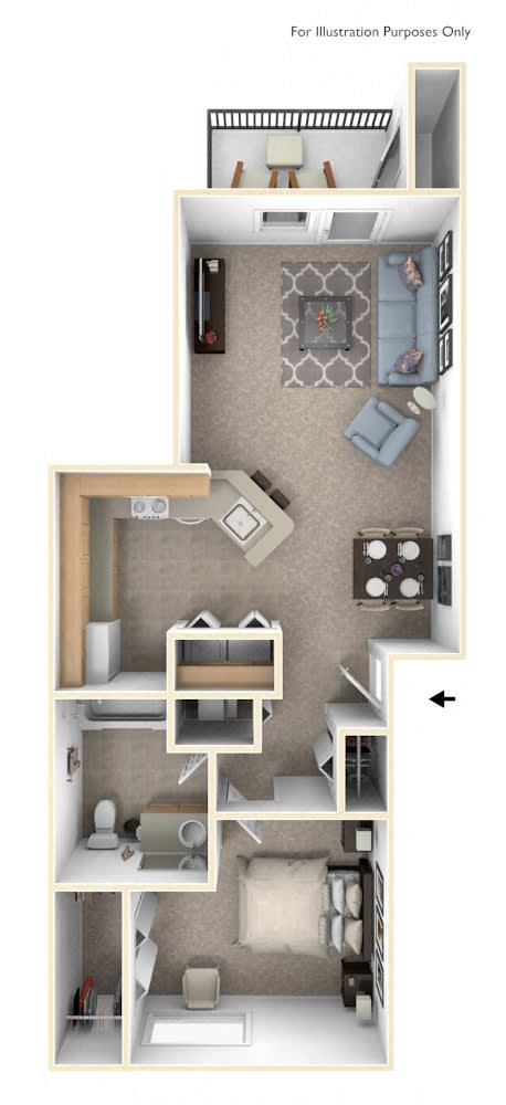 One Bedroom One Bath Floorplan at Gull Prairie/Gull Run Apartments and Townhomes, Kalamazoo, MI, 49048